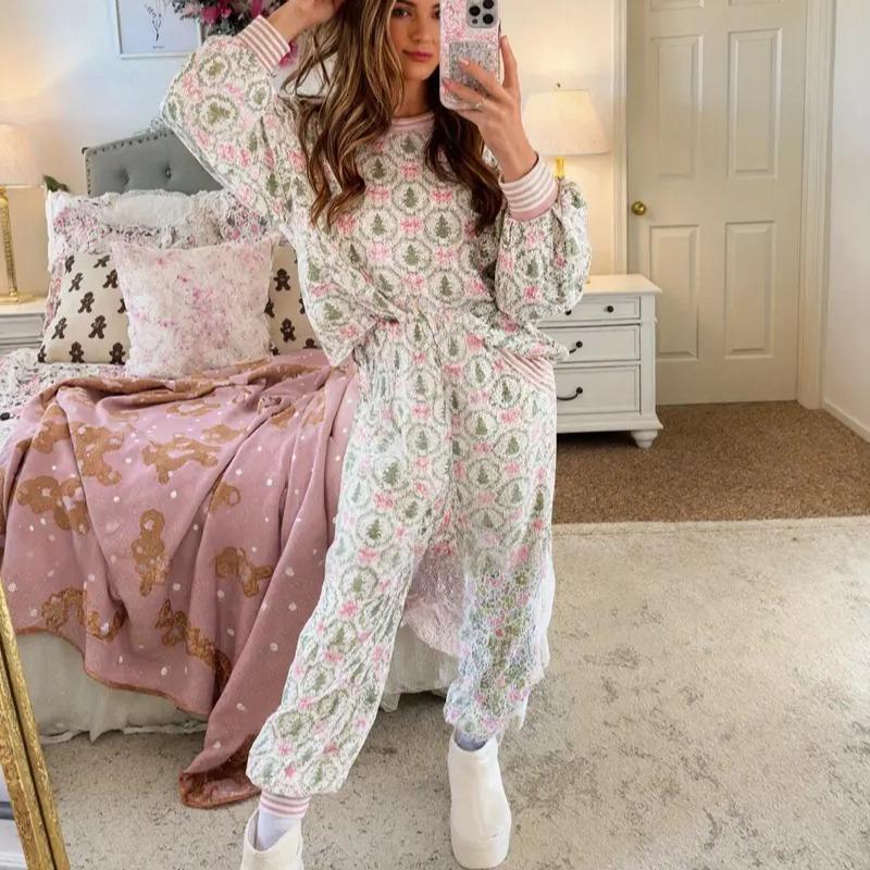 Women’s Christmas Pyjamas Set with Bow & Tree Print | Striped Cuffs