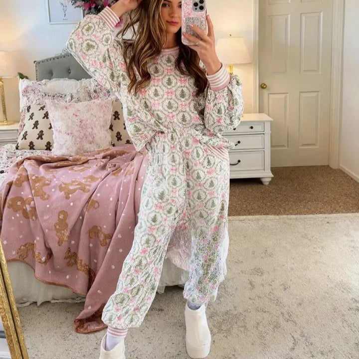 Women’s Christmas Pyjamas Set with Bow & Tree Print | Striped Cuffs