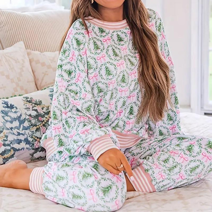 Women’s Christmas Pyjamas Set with Bow & Tree Print | Striped Cuffs