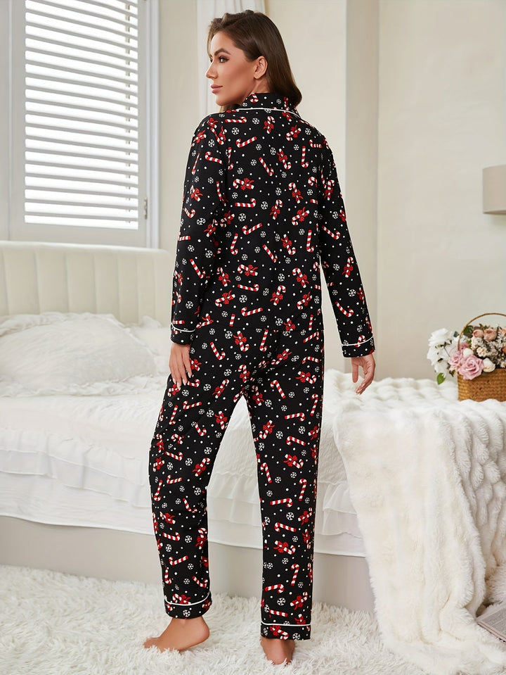 Women's Christmas Pyjamas Set with Candy Cane Print | Button-Up