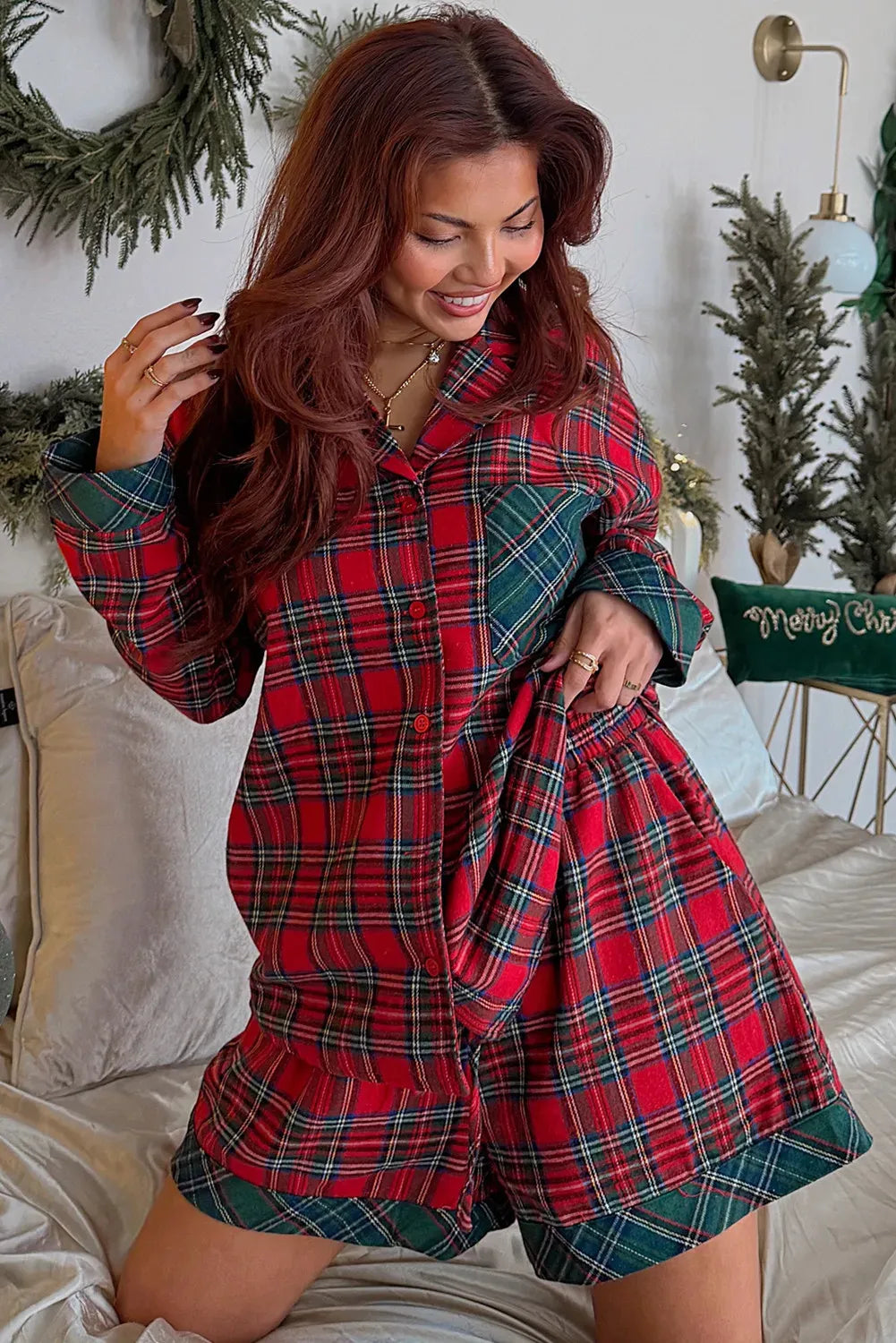 Women’s Christmas Pyjamas Set with Plaid Shorts | Button-Up