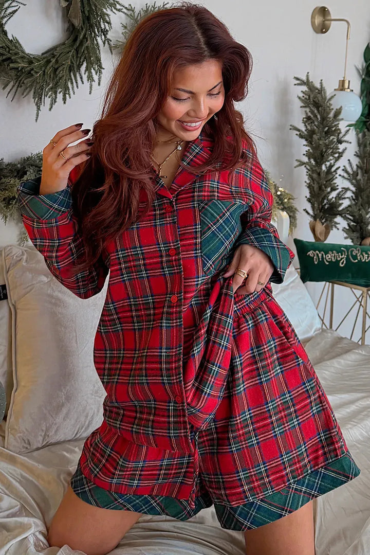 Women’s Christmas Pyjamas Set with Plaid Shorts | Button-Up
