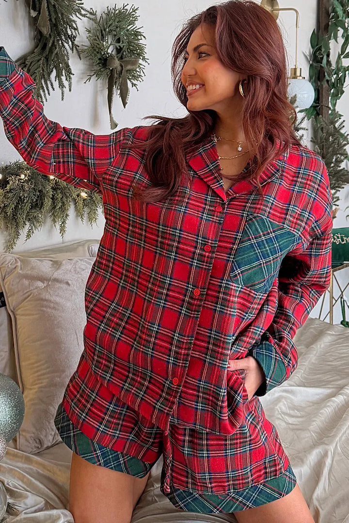 Women’s Christmas Pyjamas Set with Plaid Shorts | Button-Up
