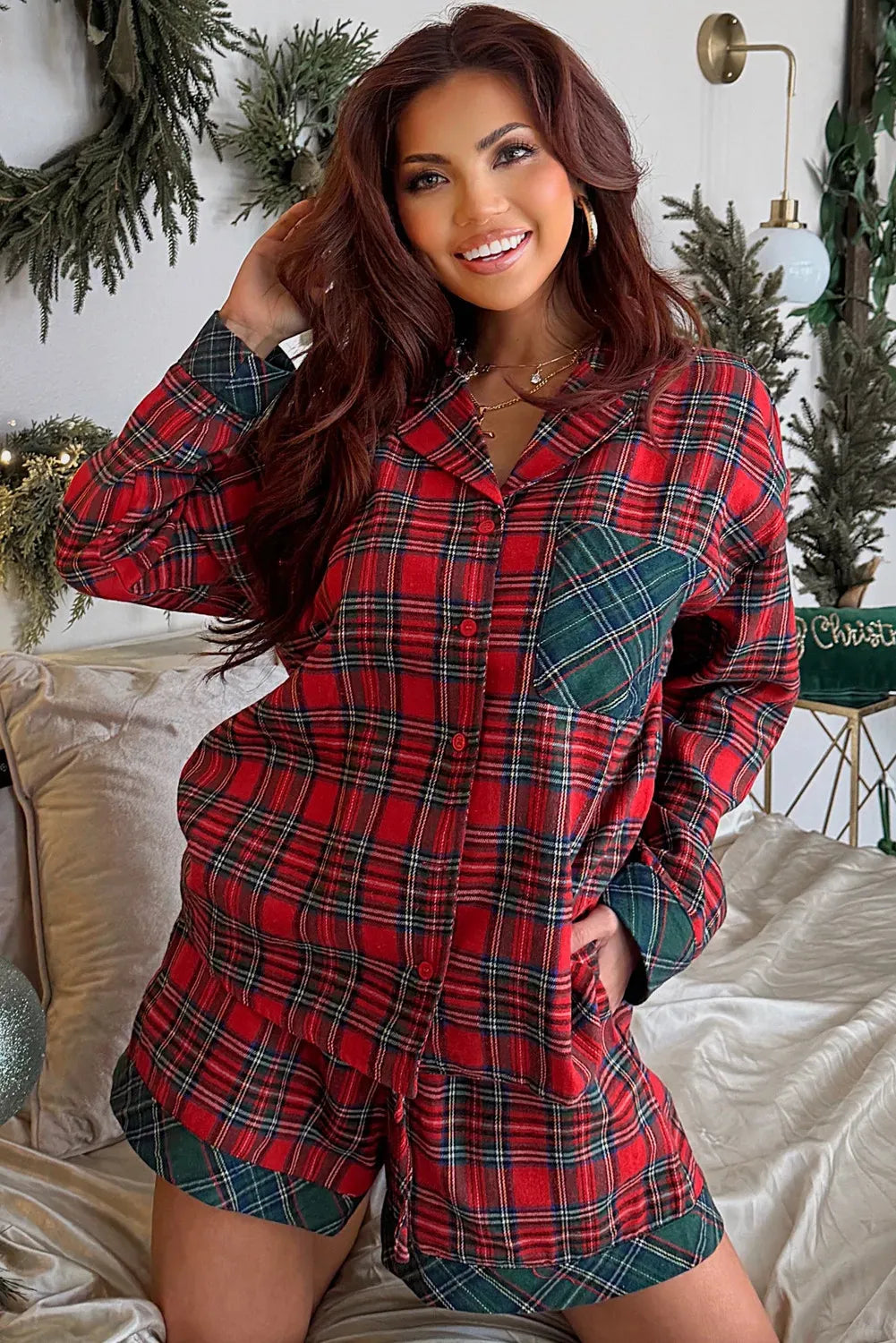 Women’s Christmas Pyjamas Set with Plaid Shorts | Button-Up