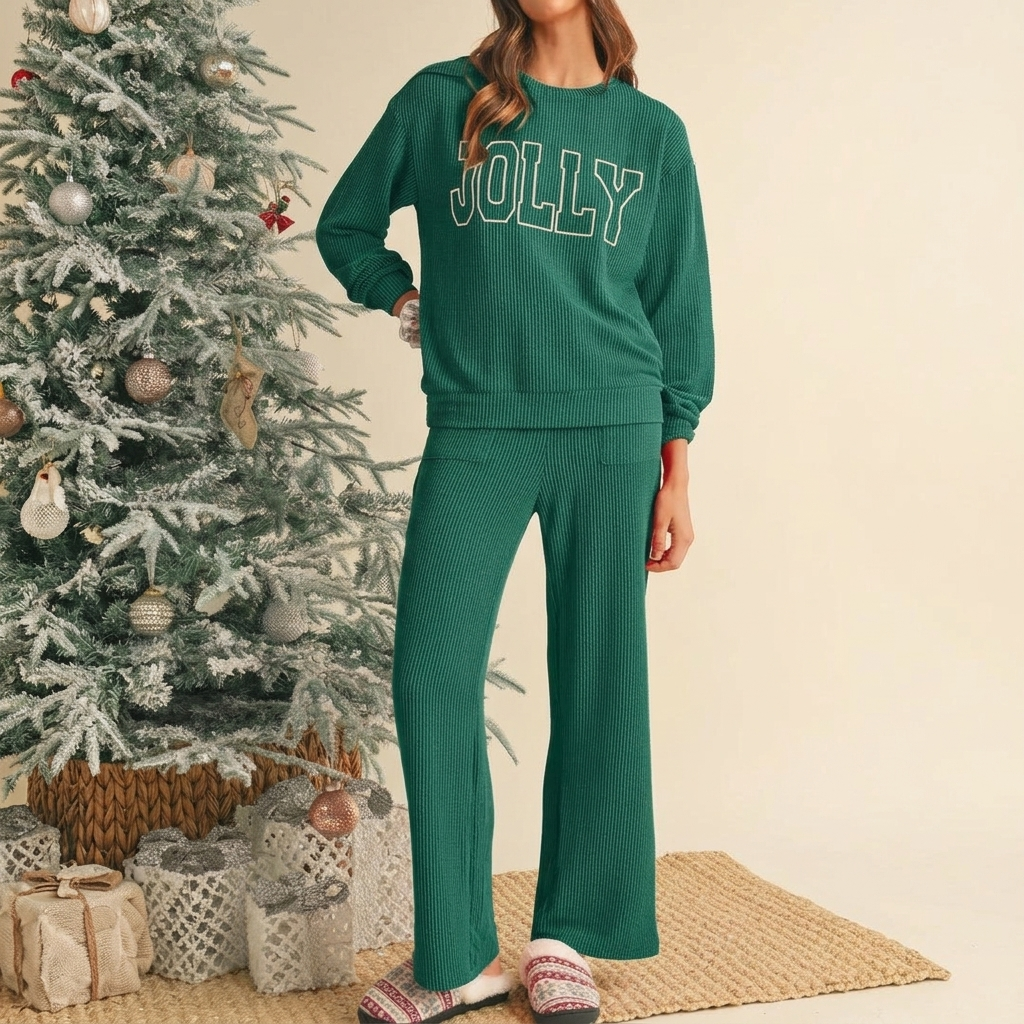 Women’s Christmas Pyjamas Set with Wide-Leg Pants | Crew Neck