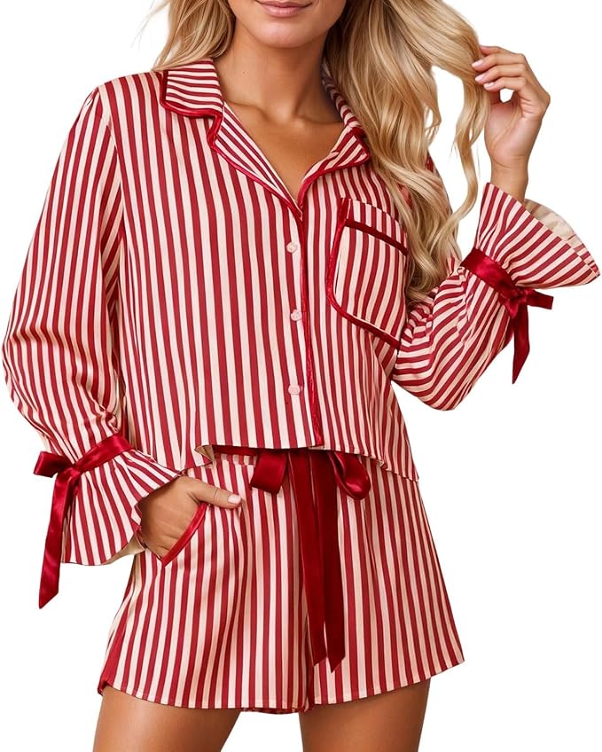 Women’s Christmas Pyjamas Striped Shorts Set | Bow Waist