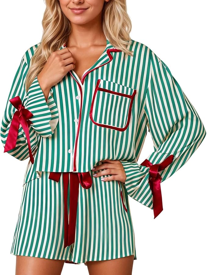 Women’s Christmas Pyjamas Striped Shorts Set | Bow Waist