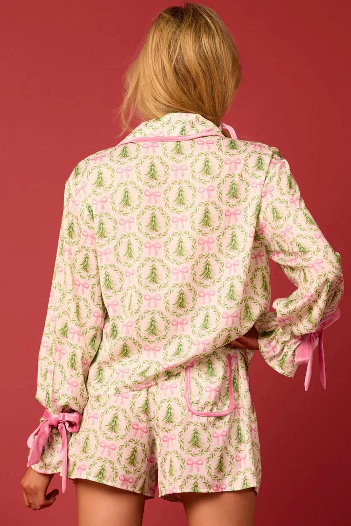Women’s Christmas Pyjamas with Bow Print & Shorts | Long Sleeve