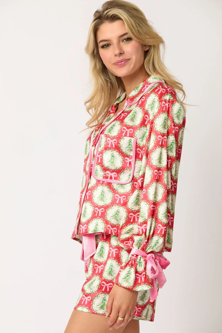 Women’s Christmas Pyjamas with Bow Print & Shorts | Long Sleeve