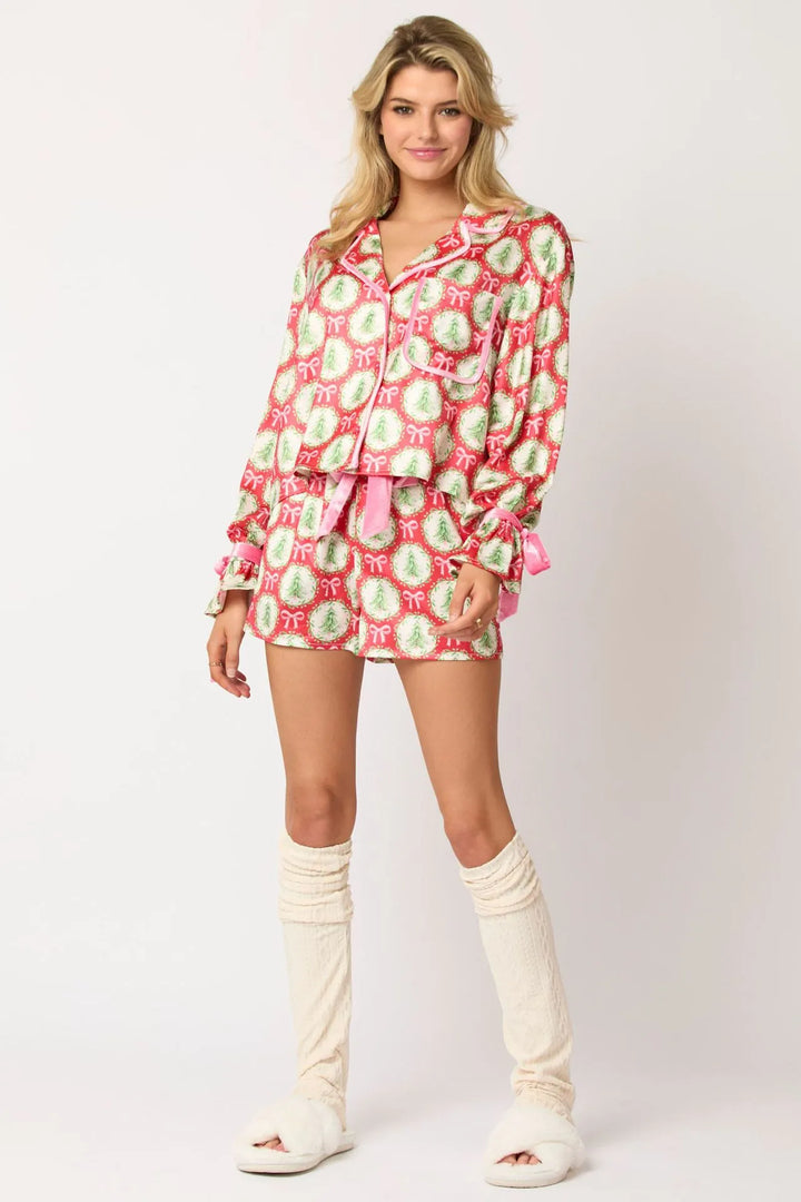 Women’s Christmas Pyjamas with Bow Print & Shorts | Long Sleeve