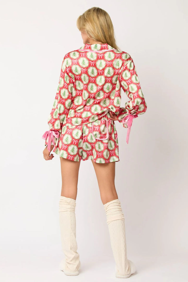Women’s Christmas Pyjamas with Bow Print & Shorts | Long Sleeve