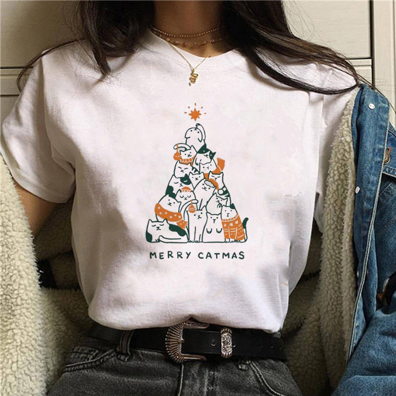 Women’s Christmas Tees with Cat Graphic | Short Sleeve