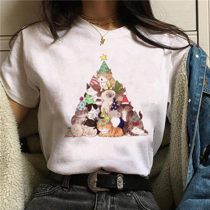 Women’s Christmas Tees with Cat Graphic | Short Sleeve
