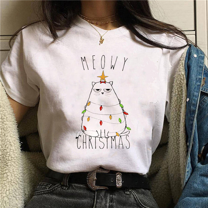 Women’s Christmas Tees with Cat Graphic | Short Sleeve