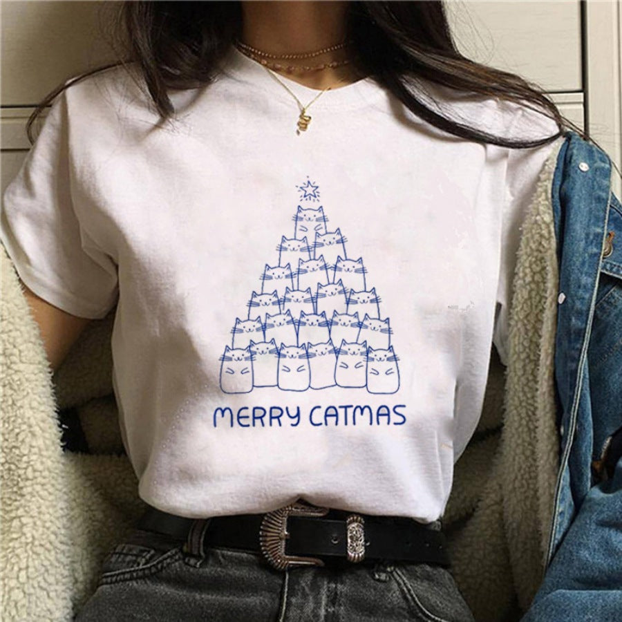 Women’s Christmas Tees with Cat Graphic | Short Sleeve