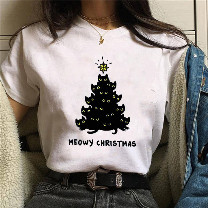 Women’s Christmas Tees with Cat Graphic | Short Sleeve