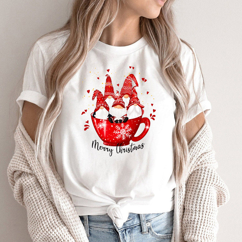 Women’s Christmas Tees with Gnomes in Mug Graphic | Short Sleeve