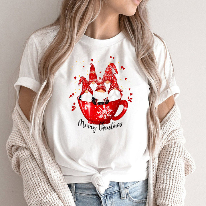 Women’s Christmas Tees with Gnomes in Mug Graphic | Short Sleeve