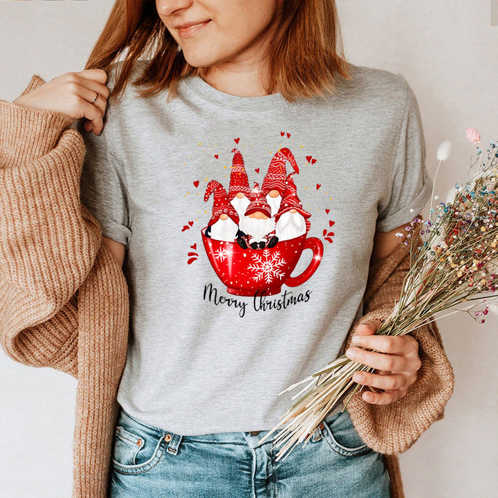 Women’s Christmas Tees with Gnomes in Mug Graphic | Short Sleeve