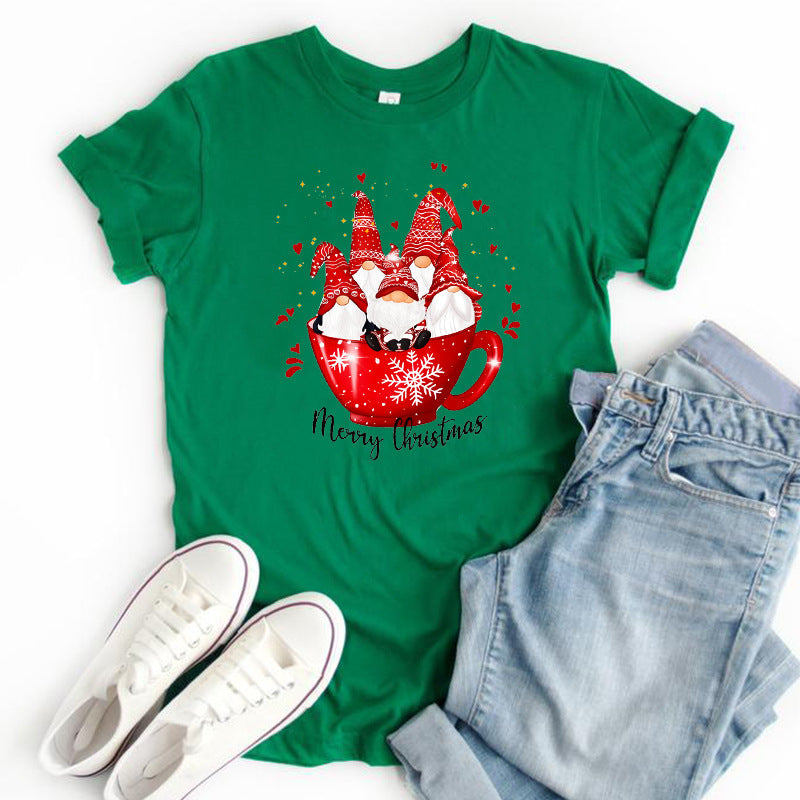 Women’s Christmas Tees with Gnomes in Mug Graphic | Short Sleeve