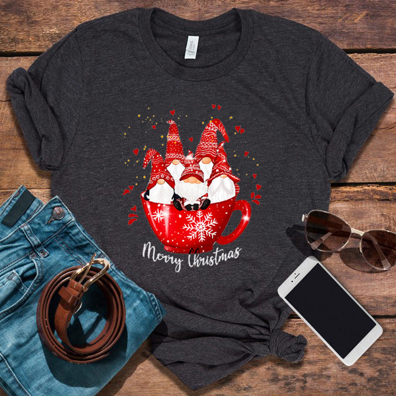 Women’s Christmas Tees with Gnomes in Mug Graphic | Short Sleeve