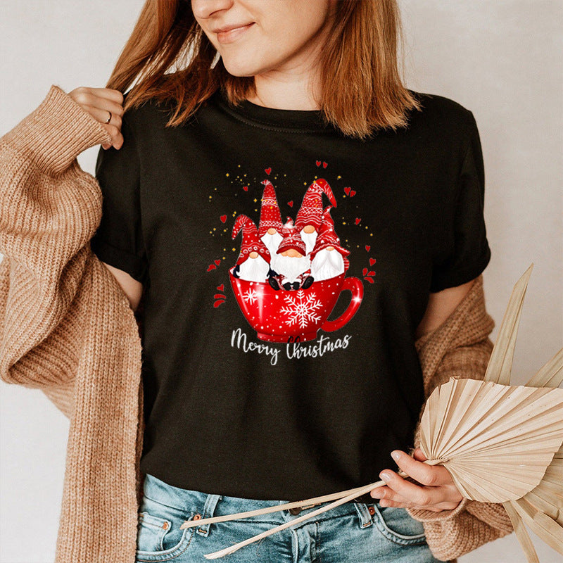 Women’s Christmas Tees with Gnomes in Mug Graphic | Short Sleeve