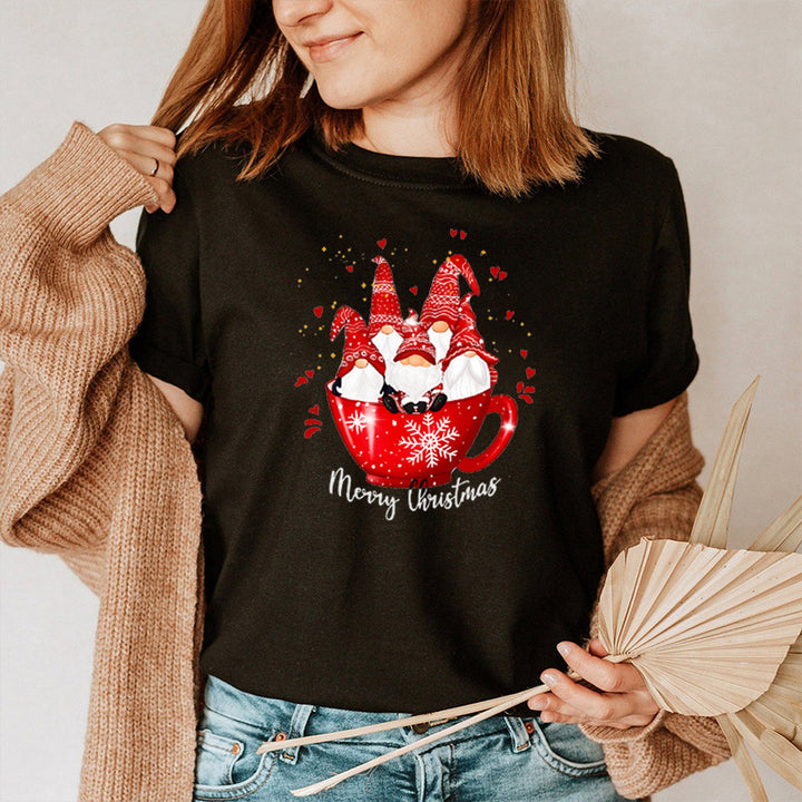 Women’s Christmas Tees with Gnomes in Mug Graphic | Short Sleeve