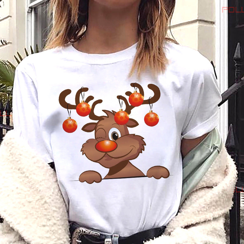Women’s Christmas Tees with Reindeer & Santa Graphic | Short Sleeve