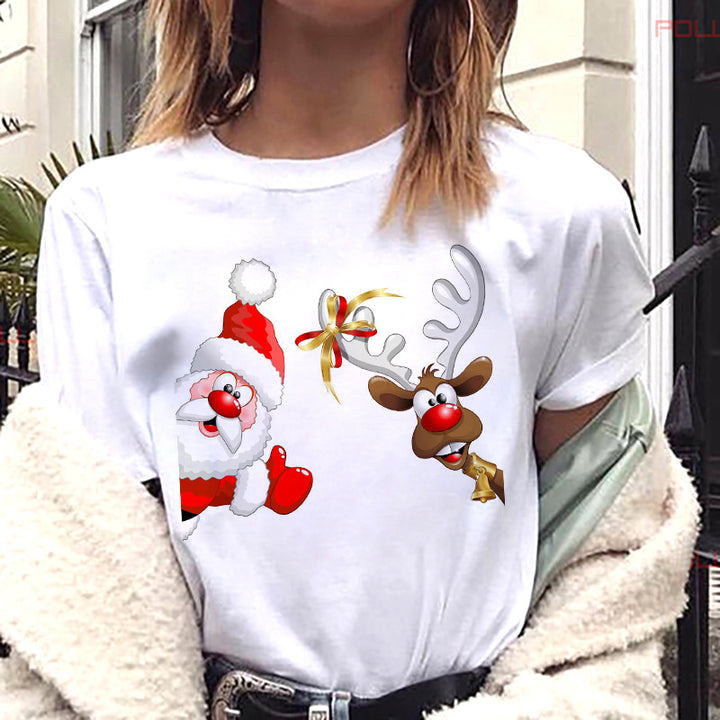 Women’s Christmas Tees with Reindeer & Santa Graphic | Short Sleeve