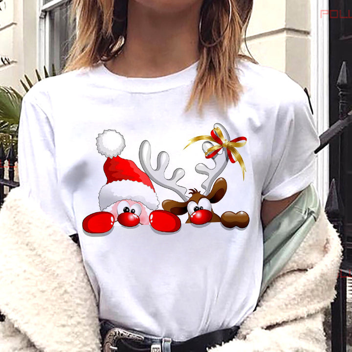 Women’s Christmas Tees with Reindeer & Santa Graphic | Short Sleeve