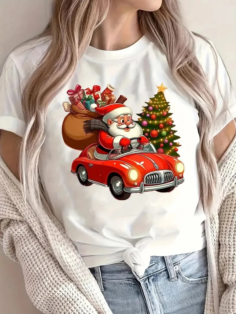Women’s Christmas Tees with Santa & Tree Print | Short Sleeve