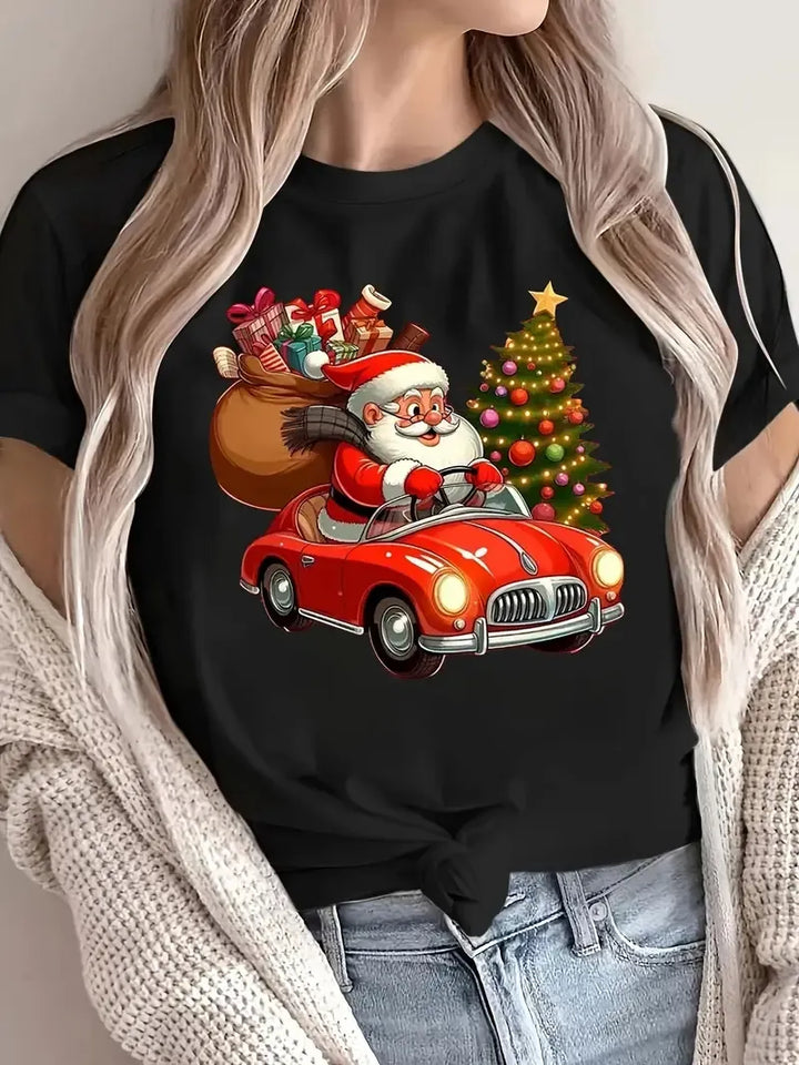 Women’s Christmas Tees with Santa & Tree Print | Short Sleeve