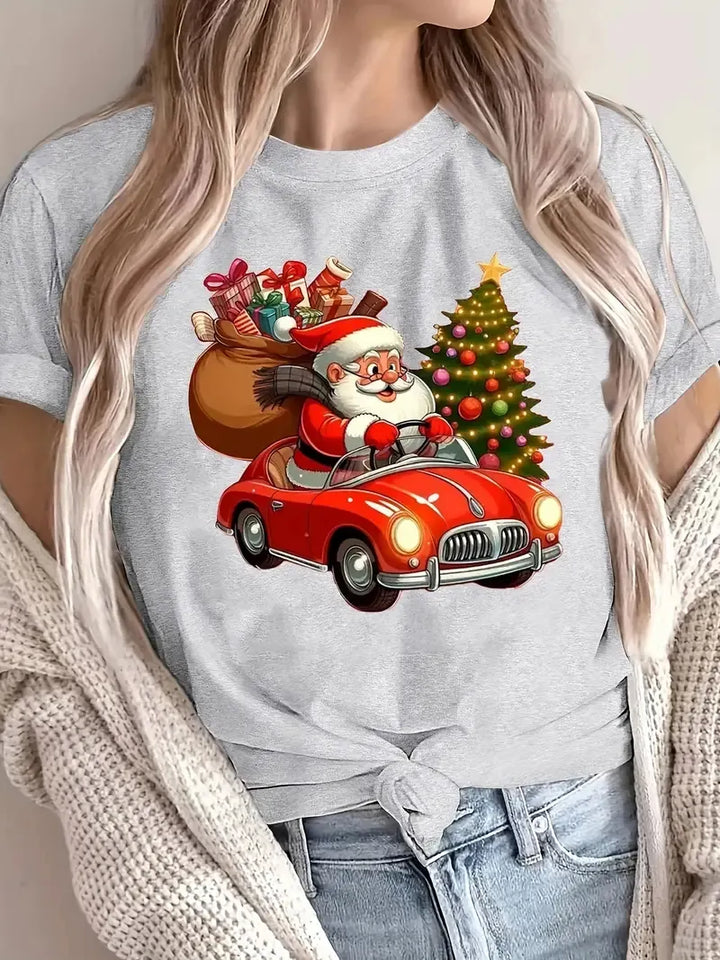 Women’s Christmas Tees with Santa & Tree Print | Short Sleeve