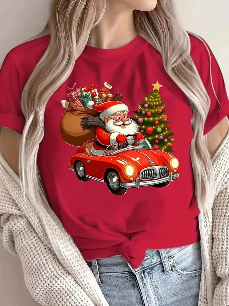 Women’s Christmas Tees with Santa & Tree Print | Short Sleeve
