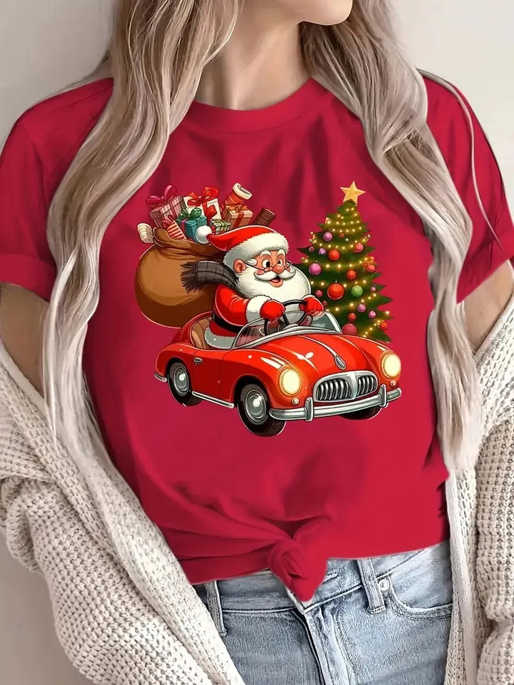 Women’s Christmas Tees with Santa & Tree Print | Short Sleeve