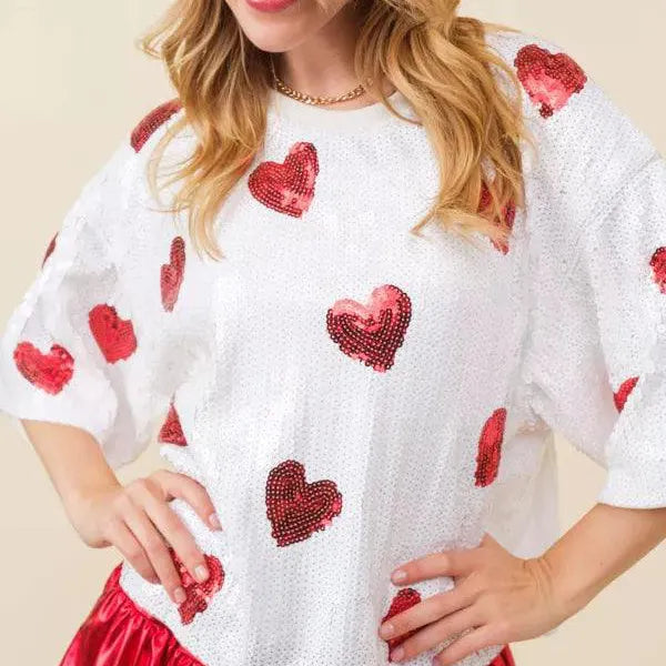 Women’s Christmas Tees with Sequin Heart Design | Round Neck