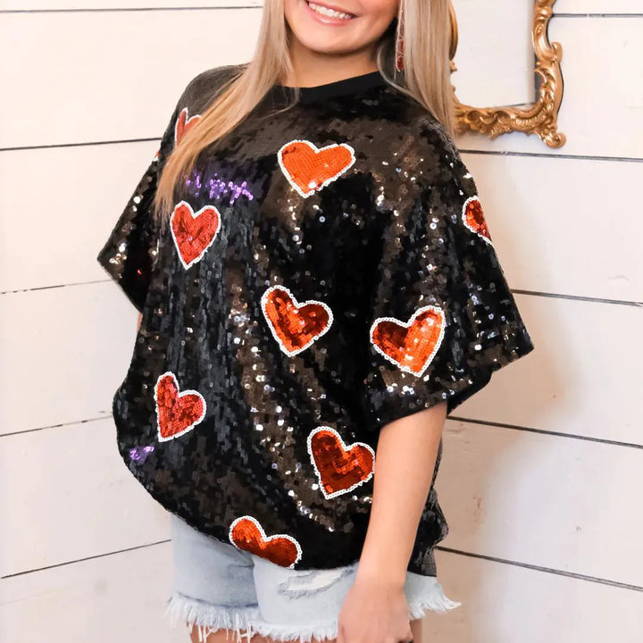 Women’s Christmas Tees with Sequin Heart Design | Round Neck