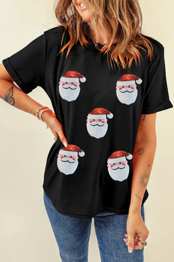 Women’s Christmas Tees with Sequin Santa Faces | Short Sleeve