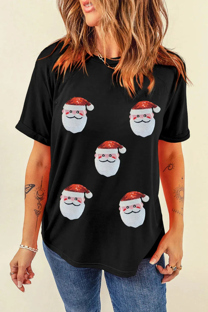 Women’s Christmas Tees with Sequin Santa Faces | Short Sleeve