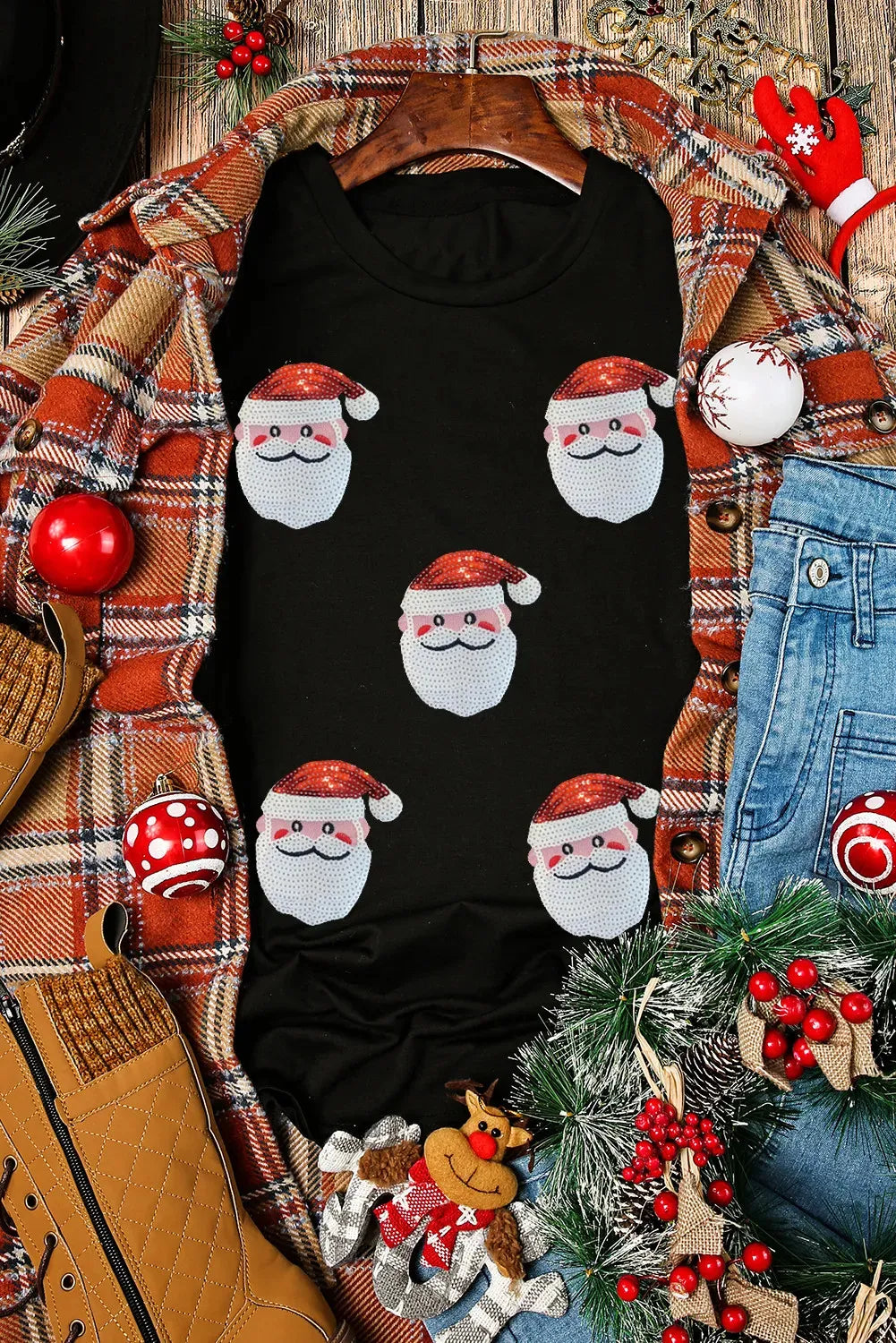 Women’s Christmas Tees with Sequin Santa Faces | Short Sleeve