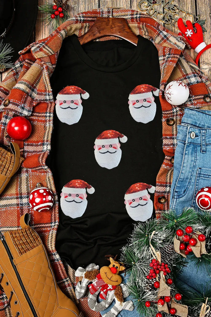 Women’s Christmas Tees with Sequin Santa Faces | Short Sleeve