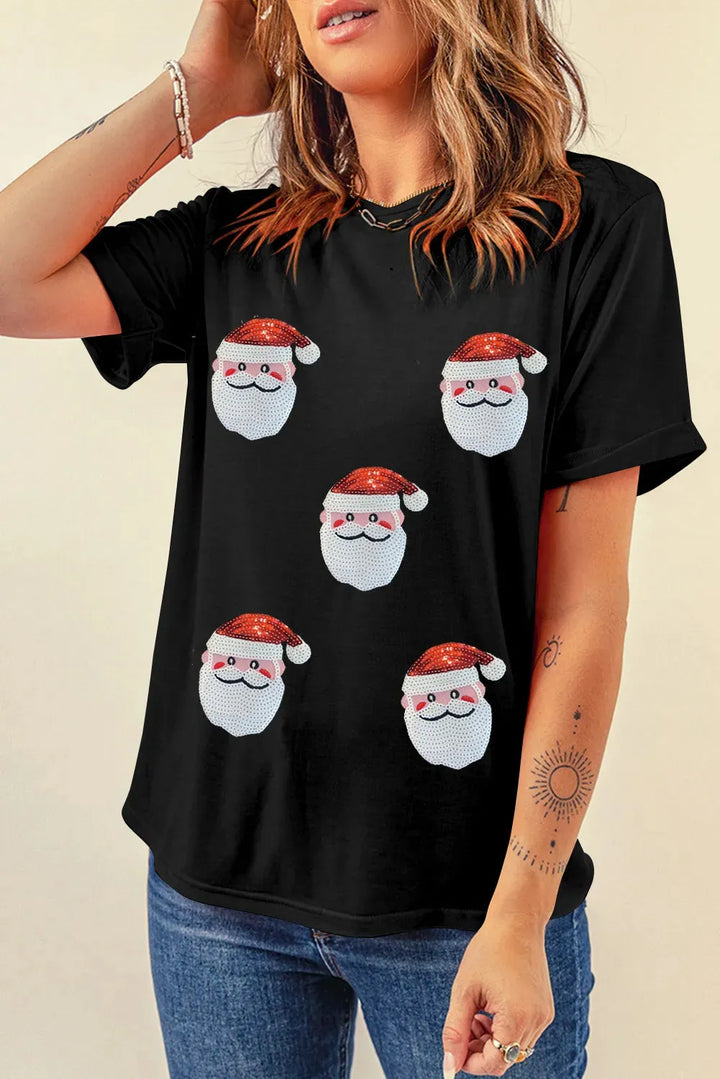 Women’s Christmas Tees with Sequin Santa Faces | Short Sleeve