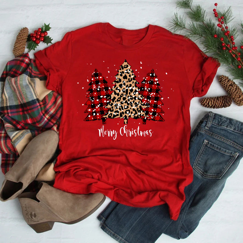Women’s Christmas Tees with Slogan & Pine Tree Print | Short Sleeve
