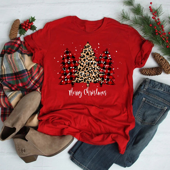 Women’s Christmas Tees with Slogan & Pine Tree Print | Short Sleeve