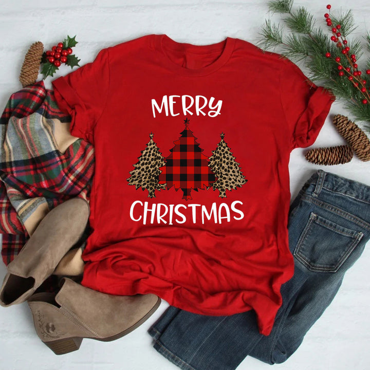 Women’s Christmas Tees with Slogan & Pine Tree Print | Short Sleeve