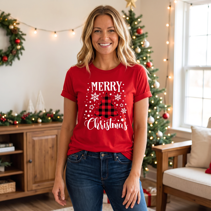 Women’s Christmas Tees with Slogan & Pine Tree Print | Short Sleeve