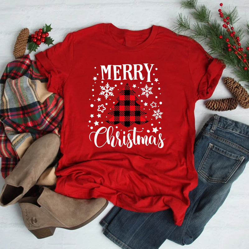 Women’s Christmas Tees with Slogan & Pine Tree Print | Short Sleeve