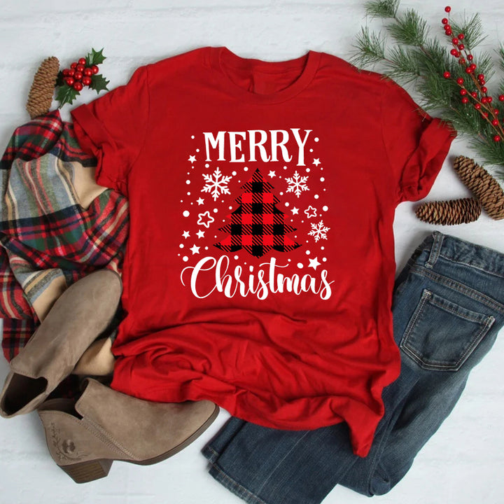 Women’s Christmas Tees with Slogan & Pine Tree Print | Short Sleeve