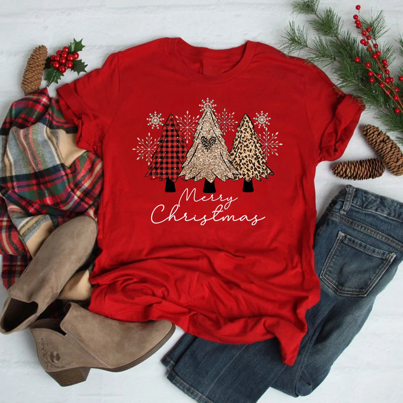 Women’s Christmas Tees with Slogan & Pine Tree Print | Short Sleeve