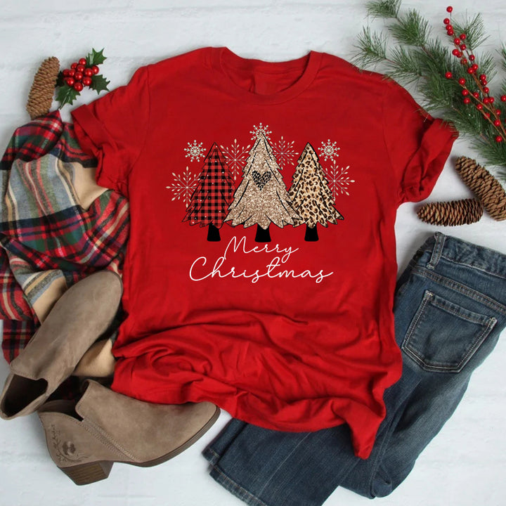 Women’s Christmas Tees with Slogan & Pine Tree Print | Short Sleeve